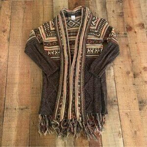 Boho open front knitted cardigan hippie argyle aztec print with hem hippie